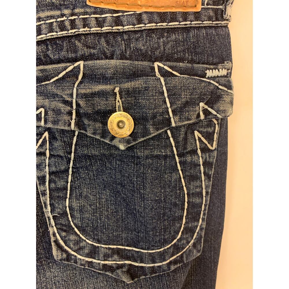 True Religion Jeans Dark Blue Wash Straight Leg Distressed Whiskering Mens SZ 42 - Picture 5 of 12